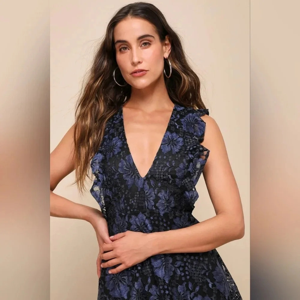 Lulus Molinetto Navy Blue Lace Ruffled Tiered Sleeveless Maxi Dress Party Prom - Picture 4 of 11